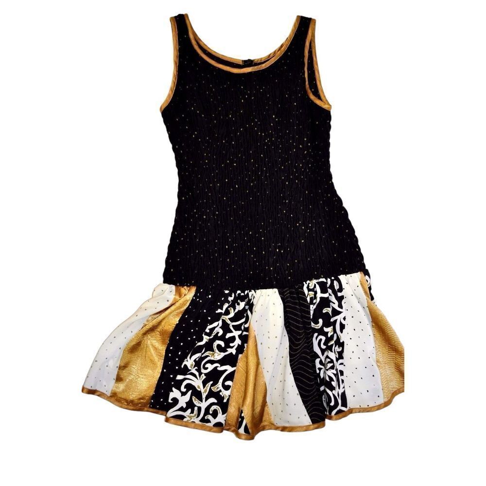 Vtg Jeanne Marc 80s smocked Party Dress Black Gold S 8/10 drop waist fairygoth - Picture 6 of 6